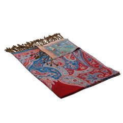 Prostříhávaná šála z viskózy červená s tyrkysovou