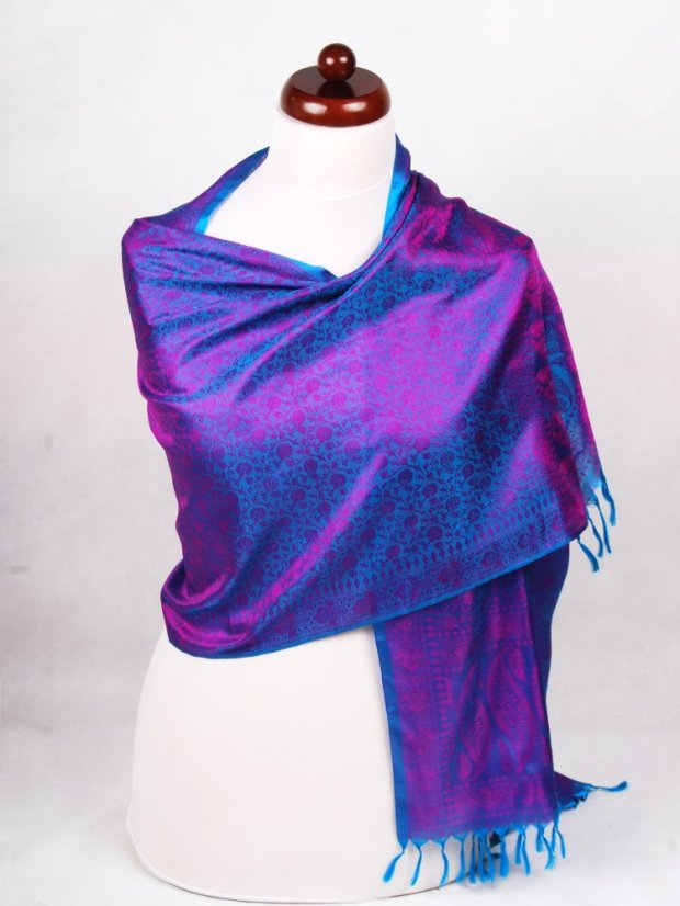 Hodvábny šál z Váránasí tyrkysovo-fialový