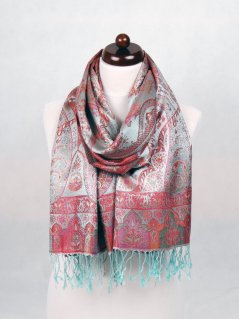 Hedvábná šála Super velká světle modrá s magentou a oranžovou