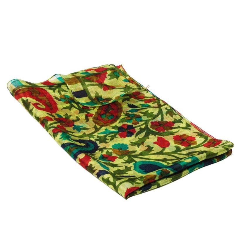 Hedvábná šála s potiskem světle zelená s khaki a tmavě červenou