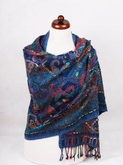 Šála z merino vlny s vyšíváním mnohobarevná s modrou