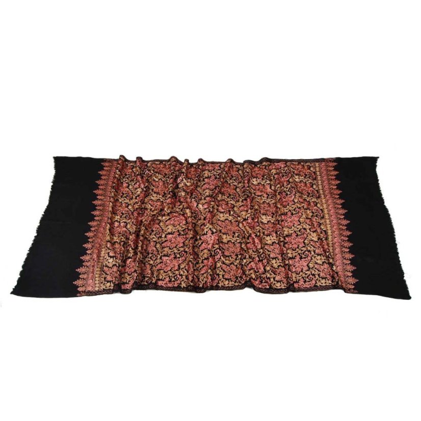 Kaschmirischer Wollschal Tashi schwarz mit Seide-Stickerei in Braun