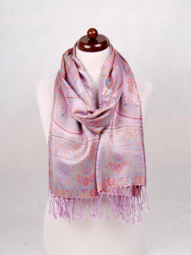 Hedvábná šála Super velká světle fialová s tyrkysovou a žlutou