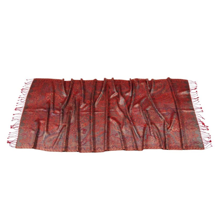 Hedvábná šála Super velká červená se žlutou a světle modrou