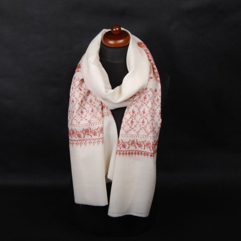 Kaschmirischer Wollschal handgestickt cremefarben mit Dunkellila und Orange