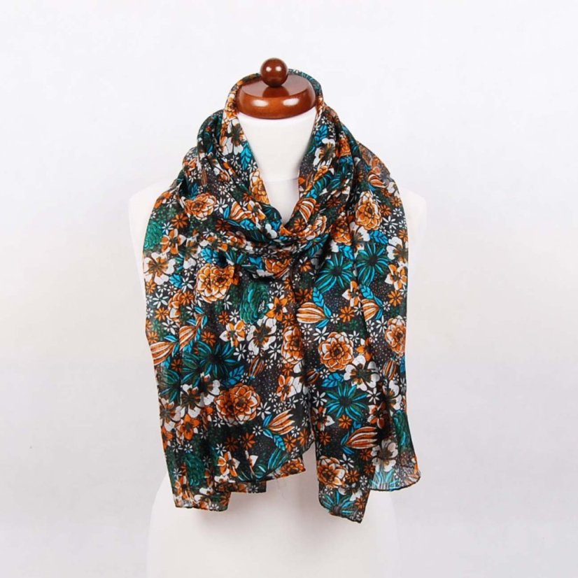Hedvábná šála s potiskem velká černá s oranžovou a tmavě zelenou