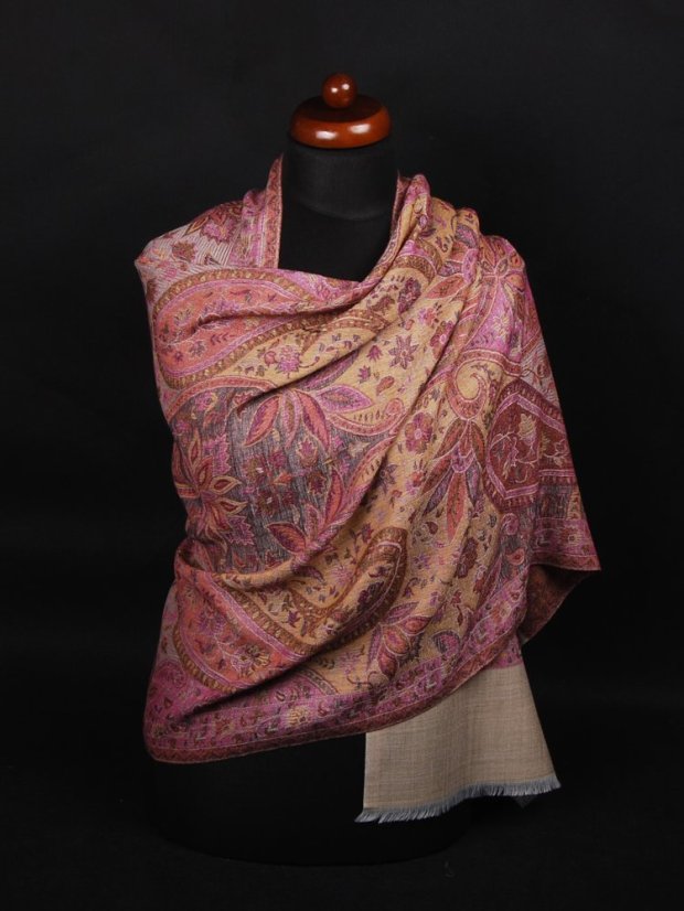 Kašmírská vlněná pašmína Khani Jamavar exclusive s fialovou, žlutou a béžovou