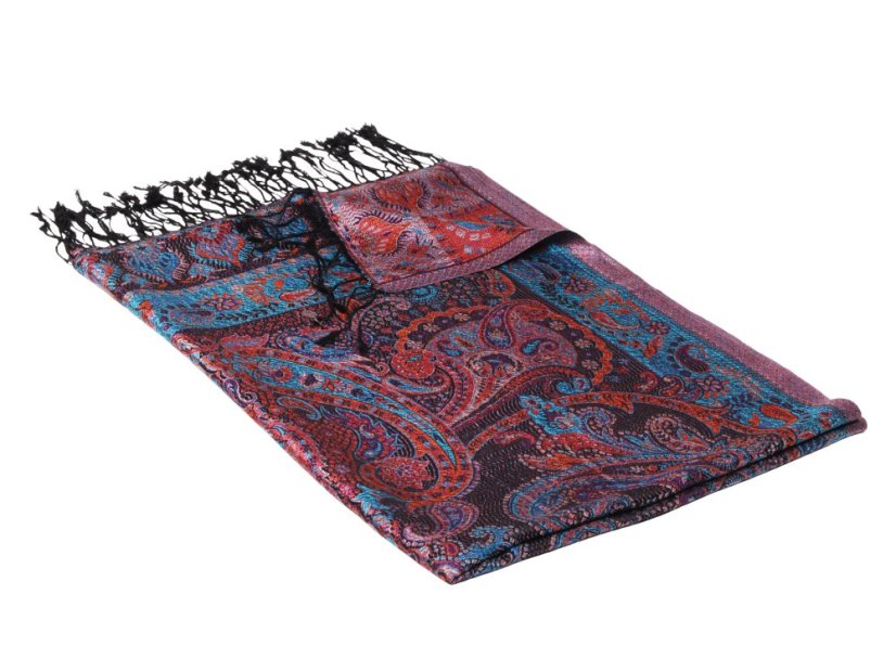 Hedvábná šála Super velká černá s oranžovou a tyrkysovou