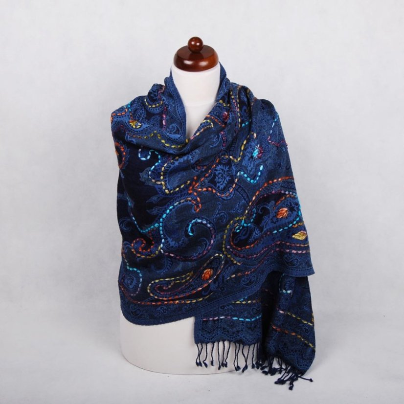 Schal aus Merinowolle handgestickt Tsewang dunkelblau