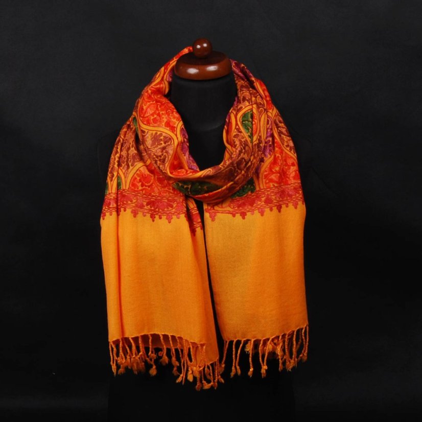 Kaschmirischer Wollschal Jate M dunkelgelb mit Stickerei mit Orange