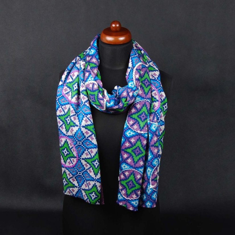 Kašmírská vlněná pašmína s potiskem a vyšíváním s šedofialovou a tyrkysovou