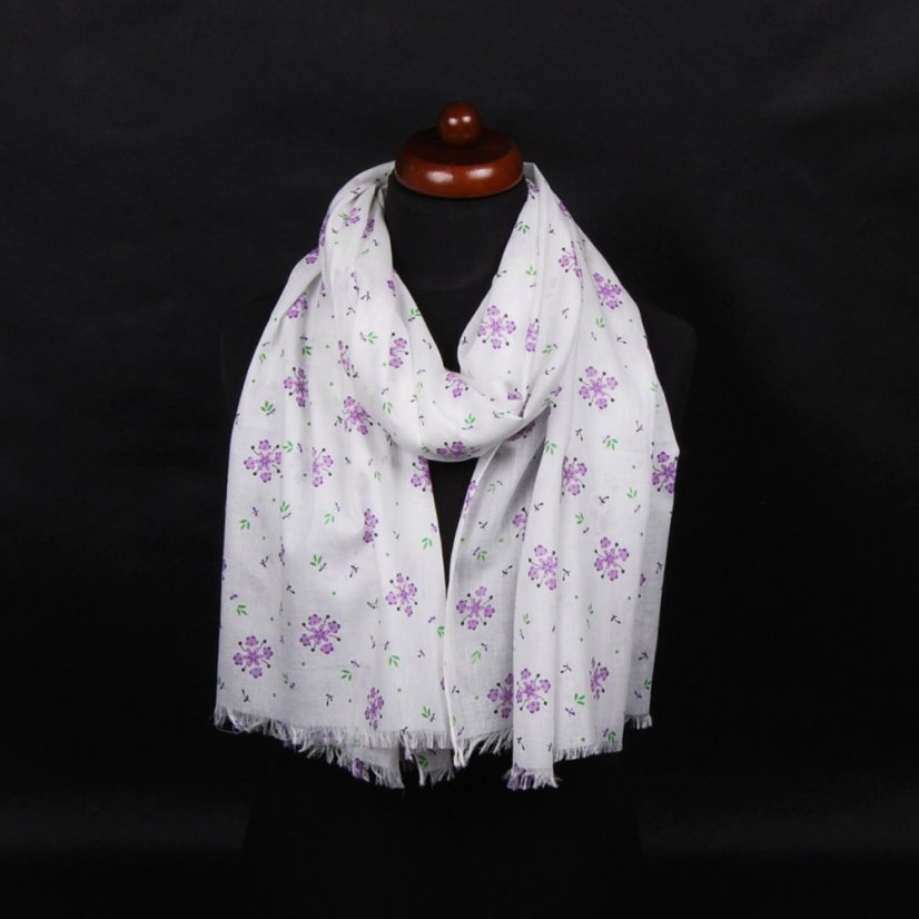 Bavlnený šál biely s fialovou farbou