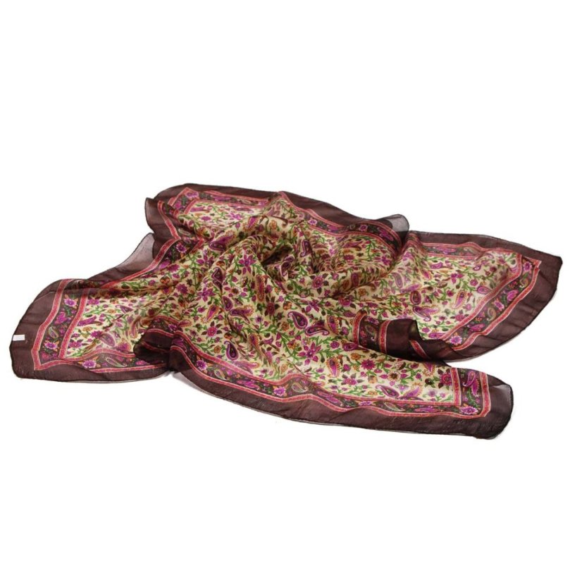 Hedvábný šátek s potiskem tmavě hnědo-světle žlutý s magentou