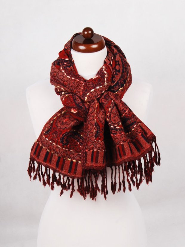 Šál z merino vlny s vyšívaním tmavočervený s čiernou farbou