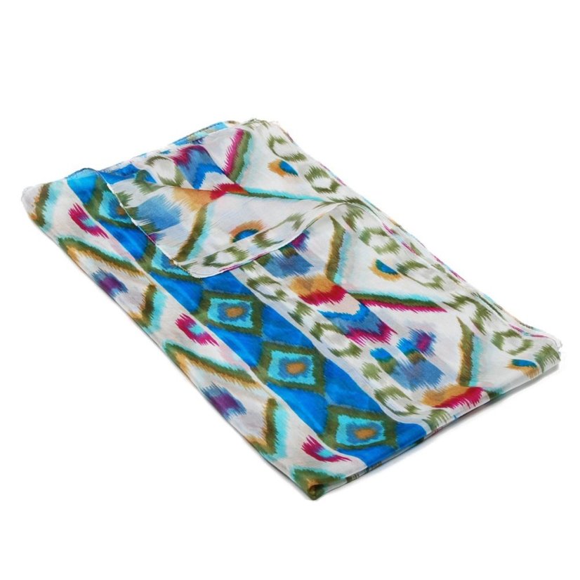 Hedvábná šála s potiskem bílá s tyrkysovou a zelenou