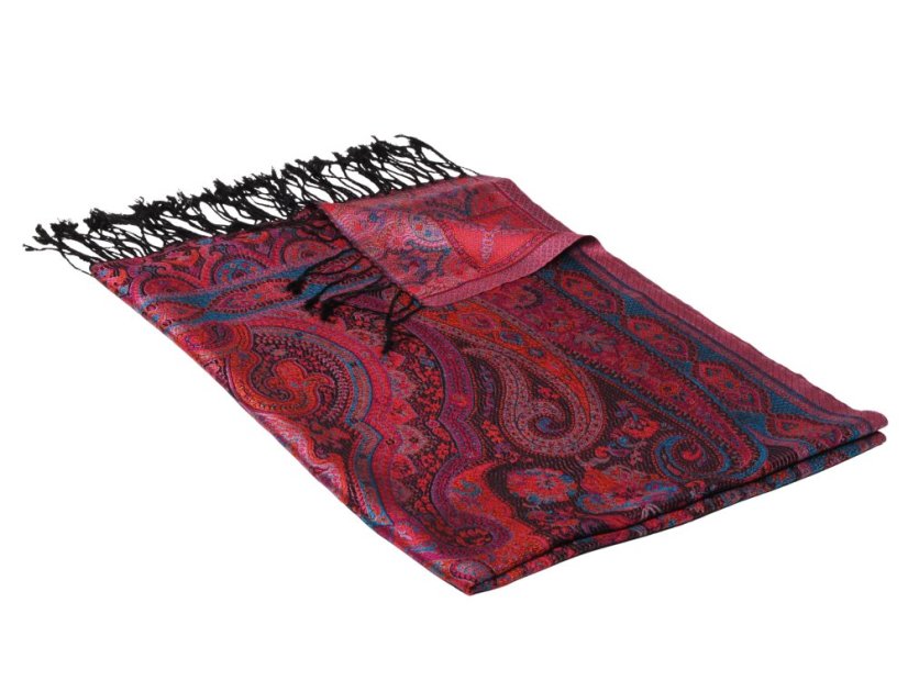 Hedvábná šála Super velká černá s magentou a oranžovou