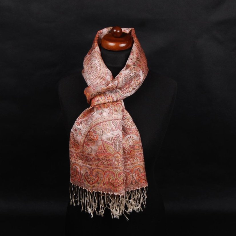 Seidenschal Super groß Ornament cremefarben mit Rot