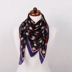 Hedvábný šátek s potiskem černý s tmavě fialovomodrou a červenou