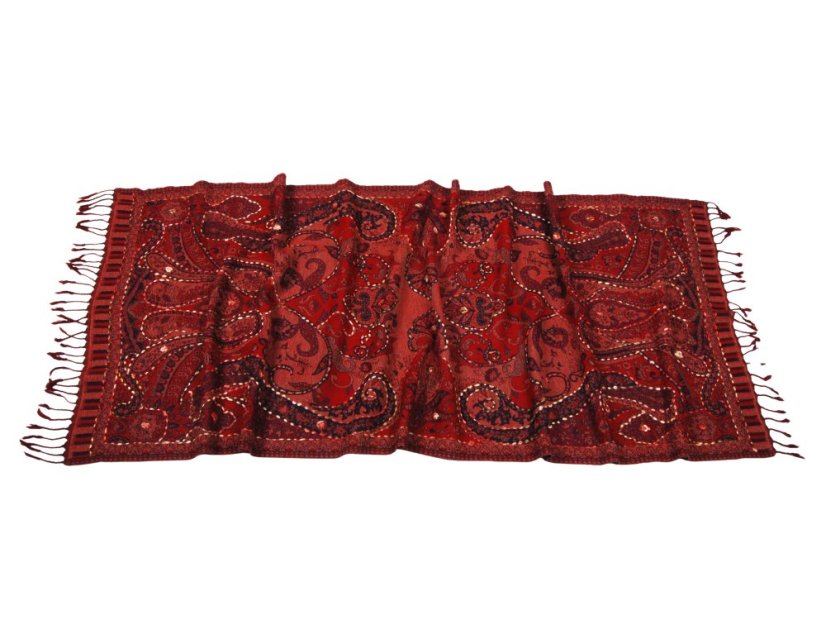 Šál z merino vlny s vyšívaním tmavočervený s čiernou farbou