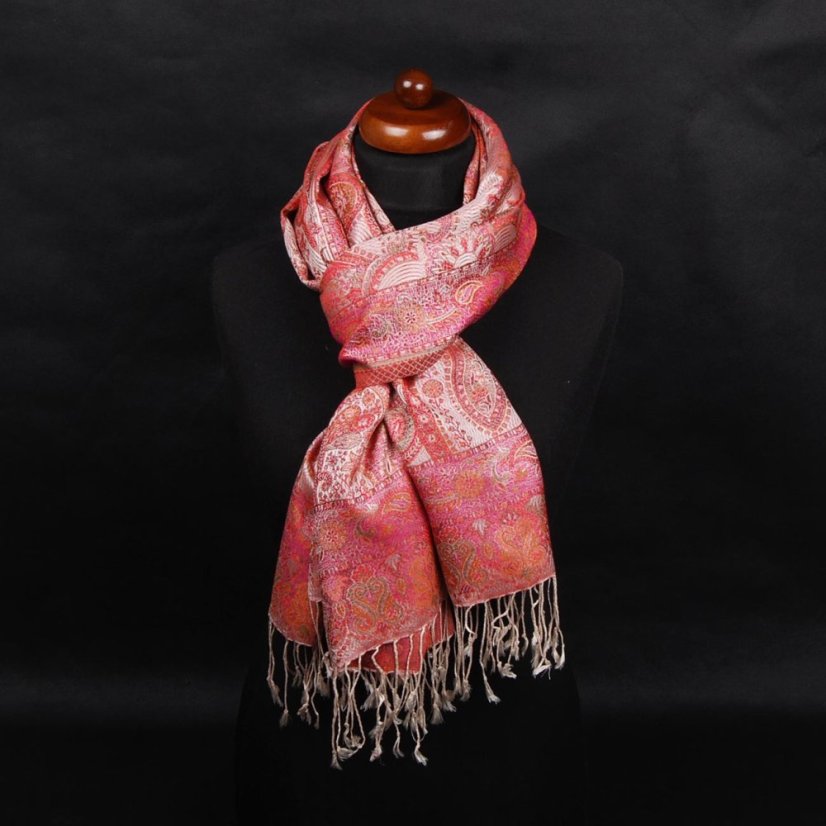 Hodvábny šál Super veľký Tsewang smotanový s magentou a oranžovou farbou