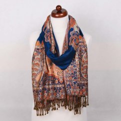 Prostříhávaná šála z viskózy tmavě modro-oranžová