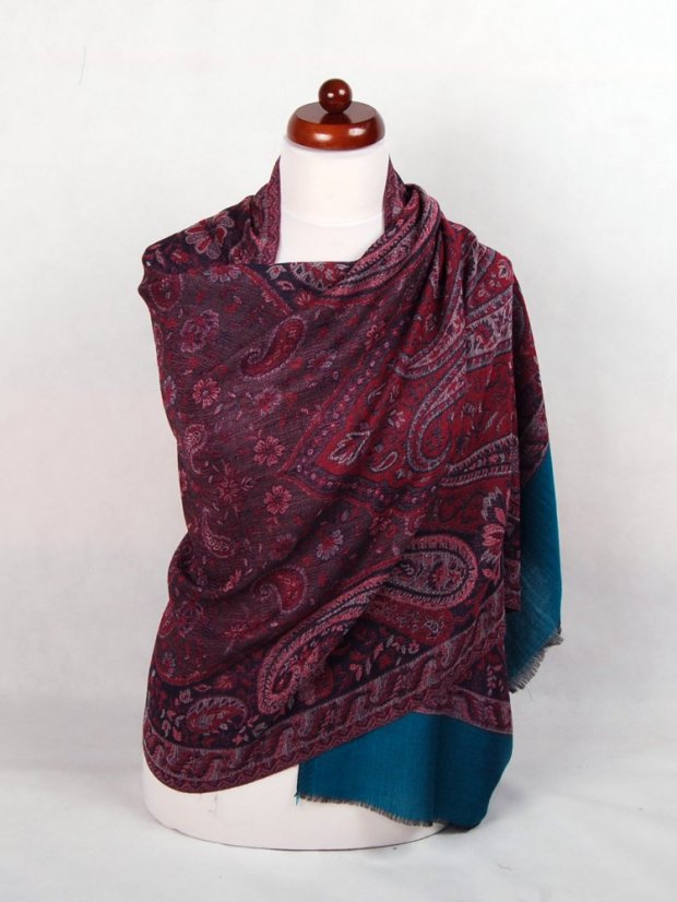 Kaschmirische Pashmina Khani Jamawar exklusiv mit Dunkelblau und Rot