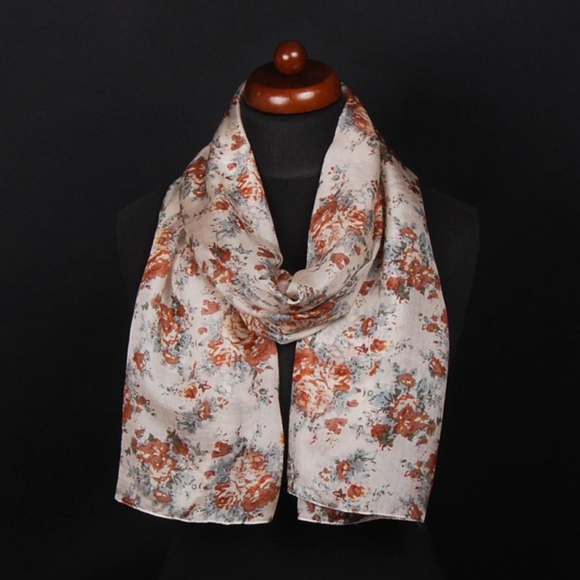 Hodvábny šál s potlačou smotanovo-hnedý