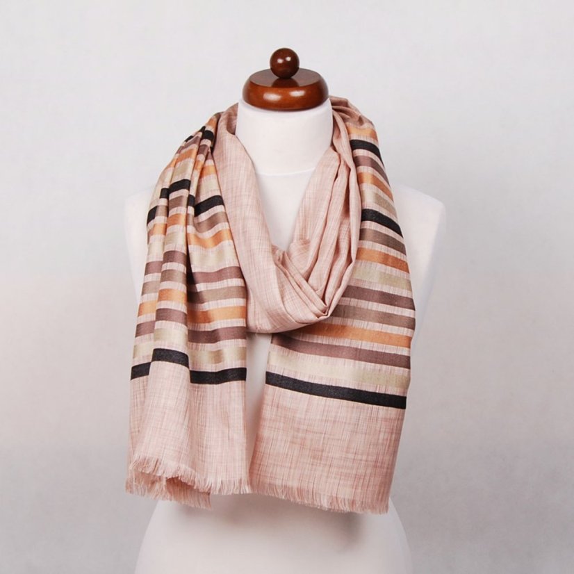 Šál z viskózy a hodvábu s pruhmi svetlohnedý s tmavozlatou farbou