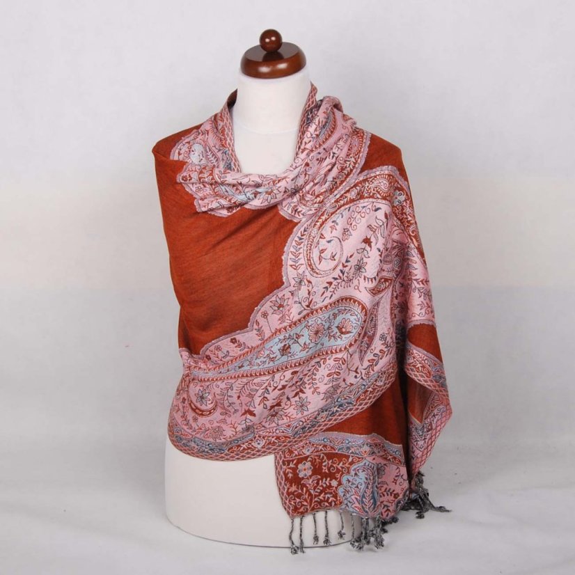 Prostříhávaná šála z viskózy měděná s tmavě tyrkysovou