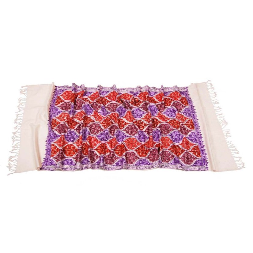 Kašmírsky vlnený šál Jate M smotanový s výšivkou vo fialovej a červenej