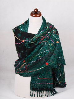 Šála z merino vlny s vyšíváním tmavě zeleno-černá