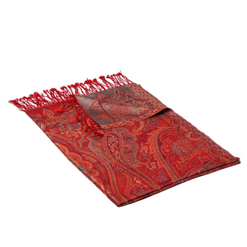 Hedvábná šála Super velká červená se žlutou a světle modrou