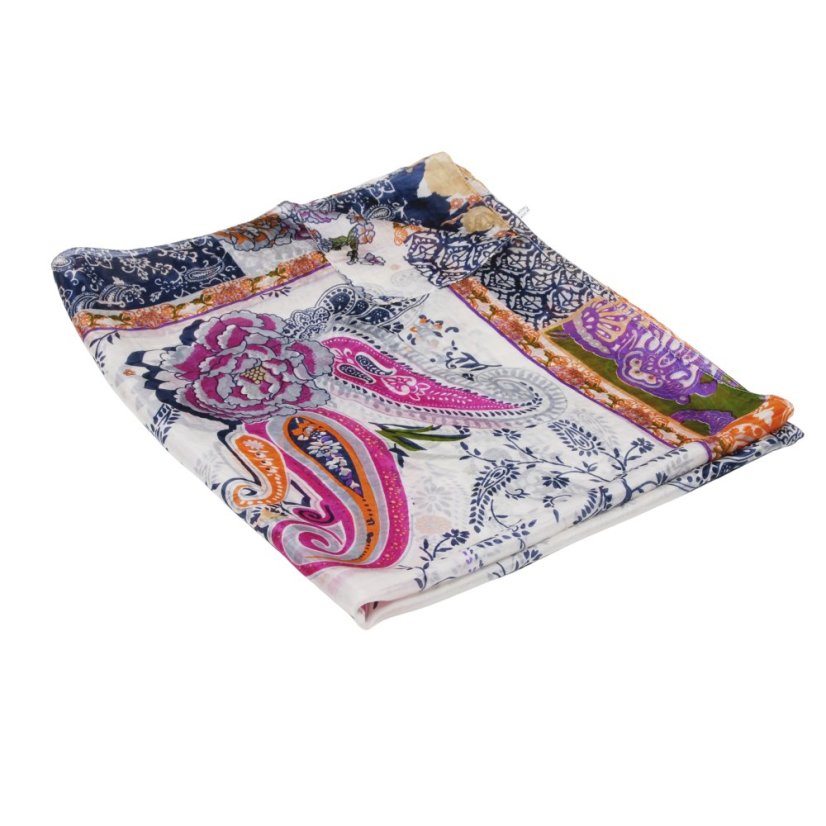 Großer Seidenschal für Damen mit Blumenmuster,  weiß mit Dunkelblau
