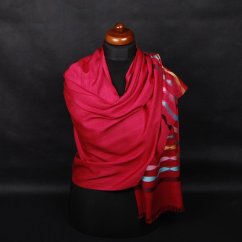 Šála z viskózy a hedvábí s pruhy červená se světle tyrkysovou