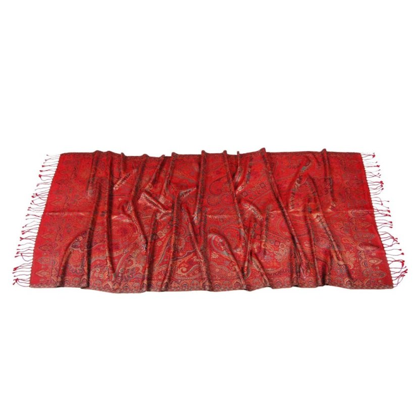 Hedvábná šála Super velká červená se žlutou a světle modrou