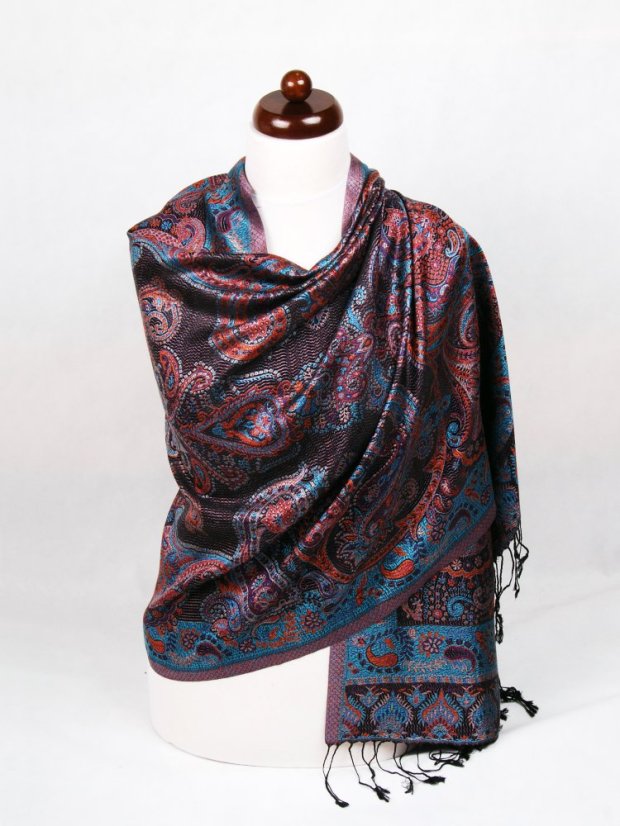 Hedvábná šála Super velká černá s oranžovou a tyrkysovou