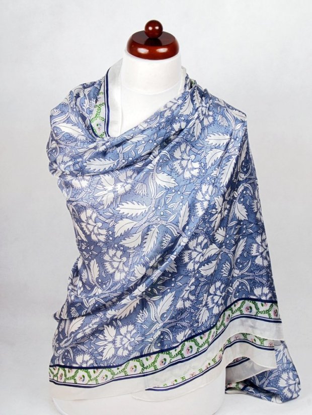 Großer Seidenschal mit Blumenmuster,  graublau