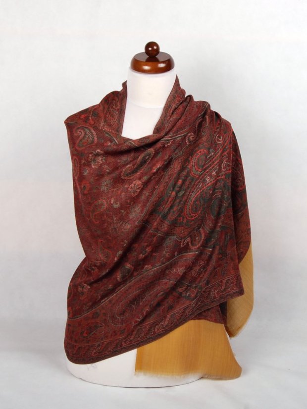 Kašmírska vlnená pašmína Khani Jamavar exclusive červeno-šedohnedá so žltou