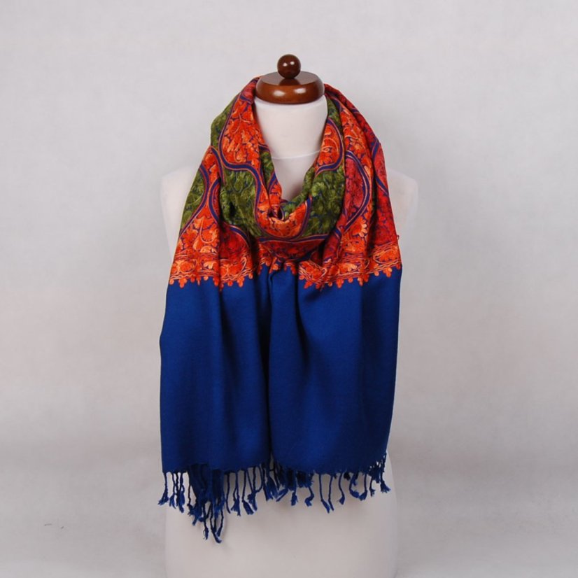 Kaschmirischer Wollschal Jate M dunkelblau mit Stickerei mit Orange und Rot