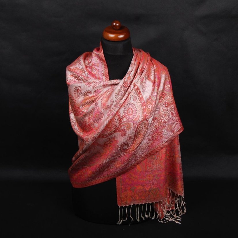 Hodvábny šál Super veľký Tsewang smotanový s magentou a oranžovou farbou