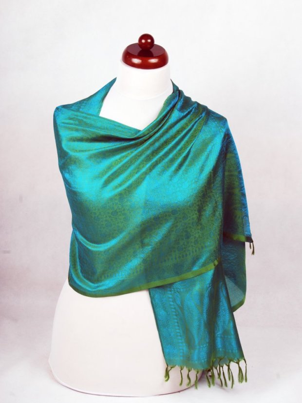 Hedvábná šála z Váránasí zeleno-tyrkysová