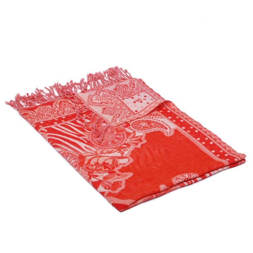 Šál z merino vlny červený s bielou a oranžovou farbou