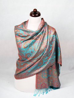 Hodvábny šál Super veľký tyrkysový s červenou a ružovou farbou