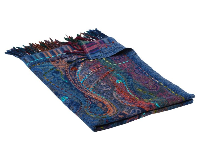 Schal aus Merinowolle handgestickt mehrfarbig mit Blau