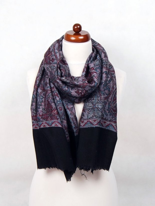 Kašmírská vlněná pašmína Khani Jamavar exclusive s šedou, tmavě červenou a černou