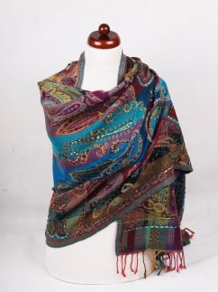 Šála z merino vlny s vyšíváním mnohobarevná s tyrkysovou