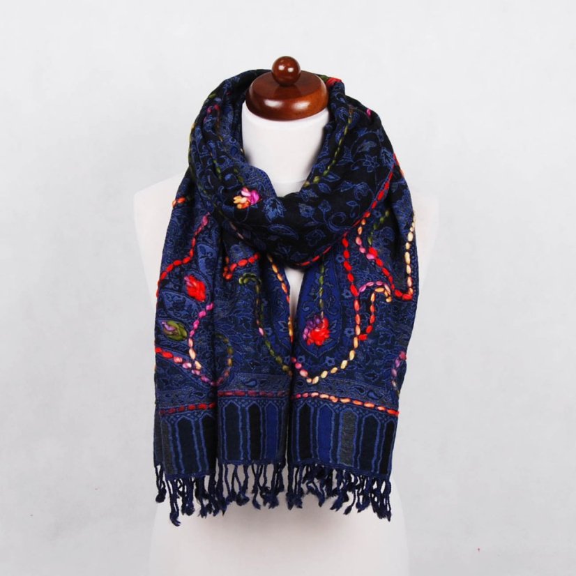 Šála z merino vlny s vyšíváním Kalsang tmavě modrá