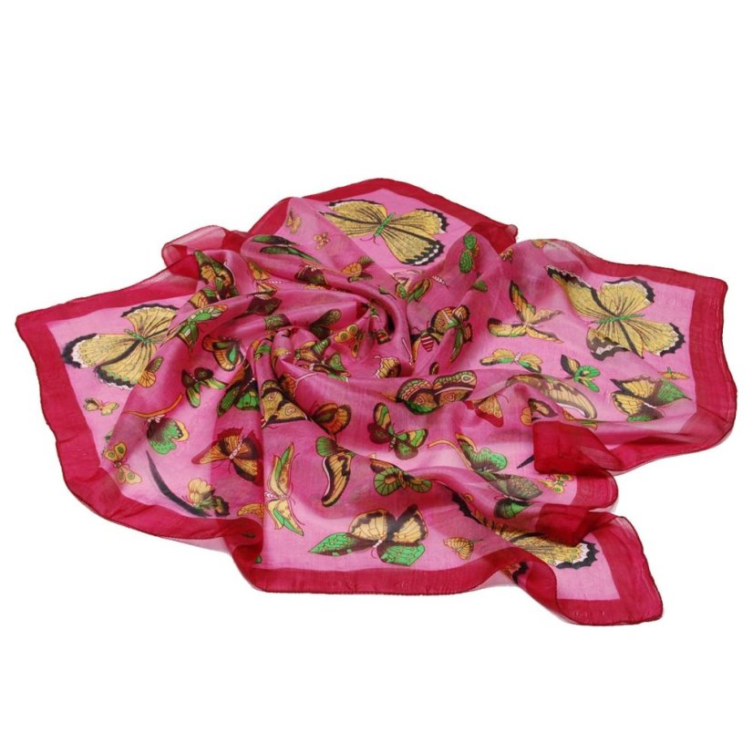 Seidentuch mit Aufdruck mit Schmetterlingen mit Rosa und Weinrot