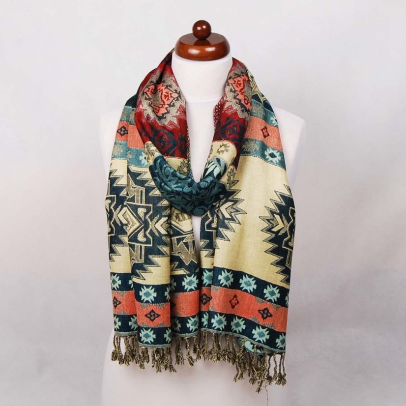 Šála z viskózy vícebarevná s tmavě modrou, světle žlutou a červenou