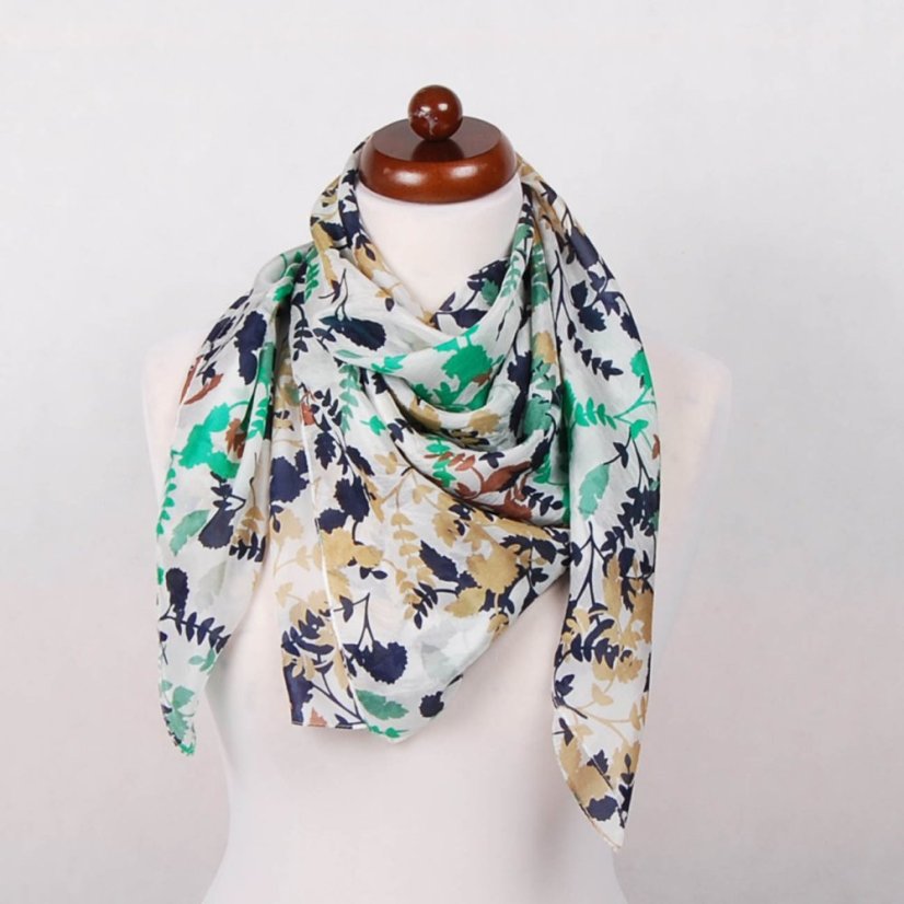 Hodvábna šatka s potlačou svetlozeleno-tmavomodro-biela